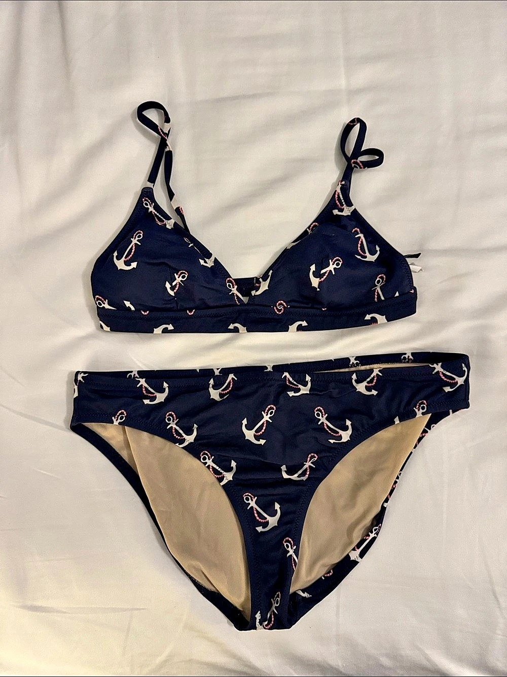 J.Crew Anchor Print Triangle Bikini Set Blue & Beige